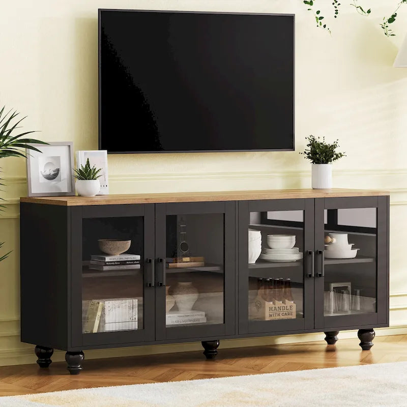 Meuble TV/Buffet polyvalent avec étagères réglables et portes en verre trempé