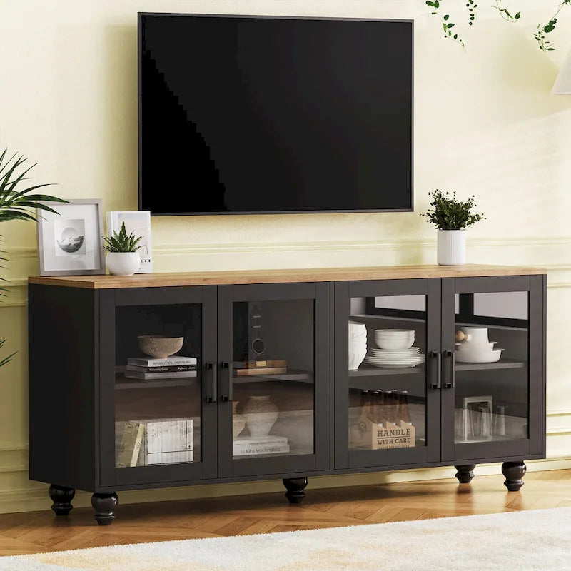 Meuble TV/Buffet polyvalent avec étagères réglables et portes en verre trempé