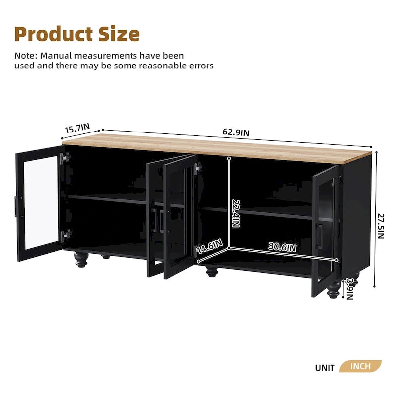 Meuble TV/Buffet polyvalent avec étagères réglables et portes en verre trempé