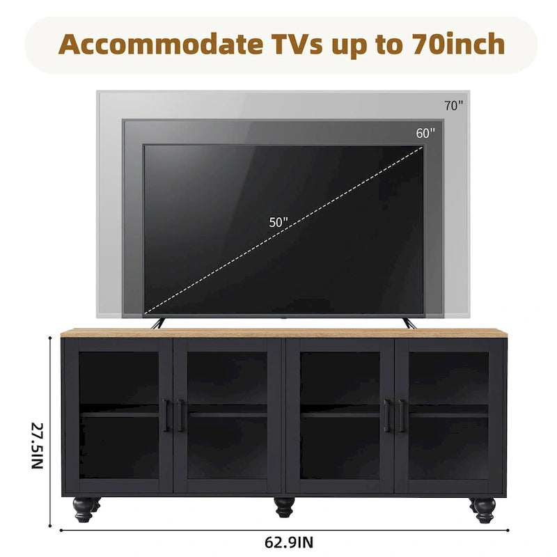 Meuble TV/Buffet polyvalent avec étagères réglables et portes en verre trempé