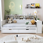 Lit de repos pleine grandeur avec étagères de rangement, deux tiroirs et bureau, blanc antique
