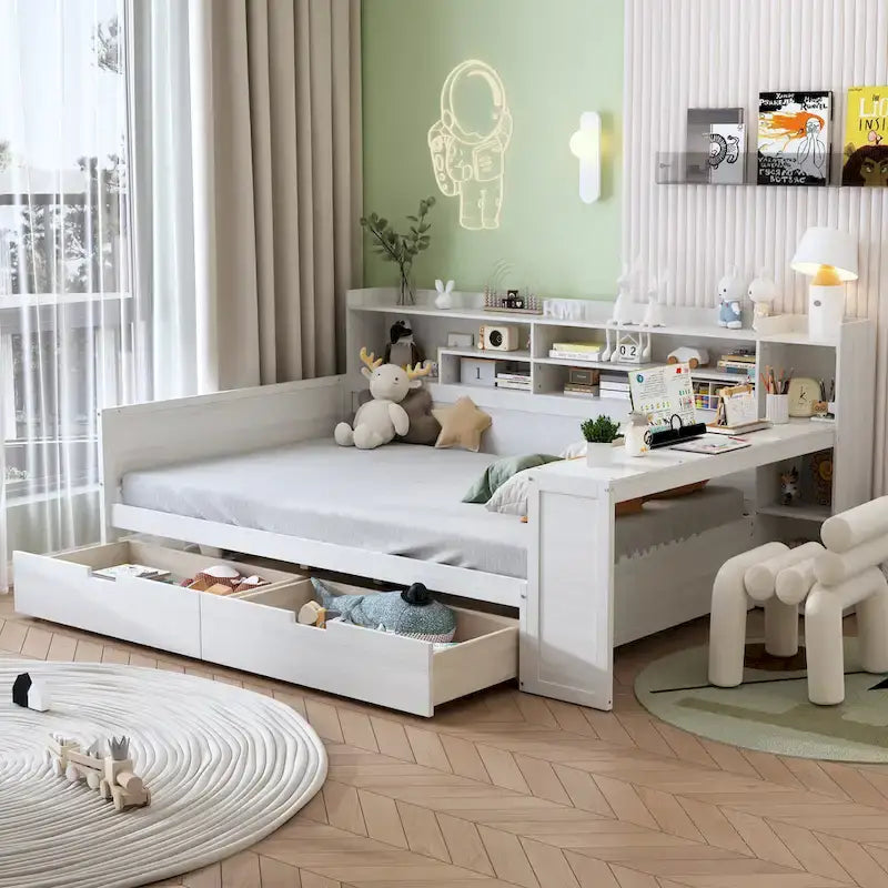 Lit de repos pleine grandeur avec étagères de rangement, deux tiroirs et bureau, blanc antique