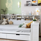 Lit de repos pleine grandeur avec étagères de rangement, deux tiroirs et bureau, blanc antique