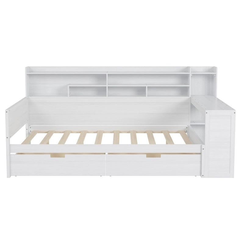 Lit de repos pleine grandeur avec étagères de rangement, deux tiroirs et bureau, blanc antique