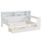 Lit de repos pleine grandeur avec étagères de rangement, deux tiroirs et bureau, blanc antique