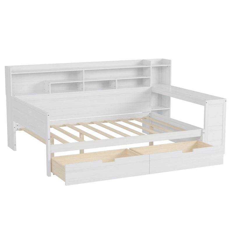 Lit de repos pleine grandeur avec étagères de rangement, deux tiroirs et bureau, blanc antique