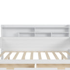 Lit de repos pleine grandeur avec étagères de rangement, deux tiroirs et bureau, blanc antique