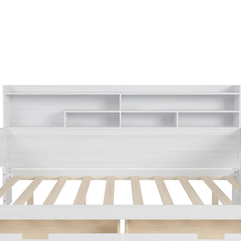 Lit de repos pleine grandeur avec étagères de rangement, deux tiroirs et bureau, blanc antique