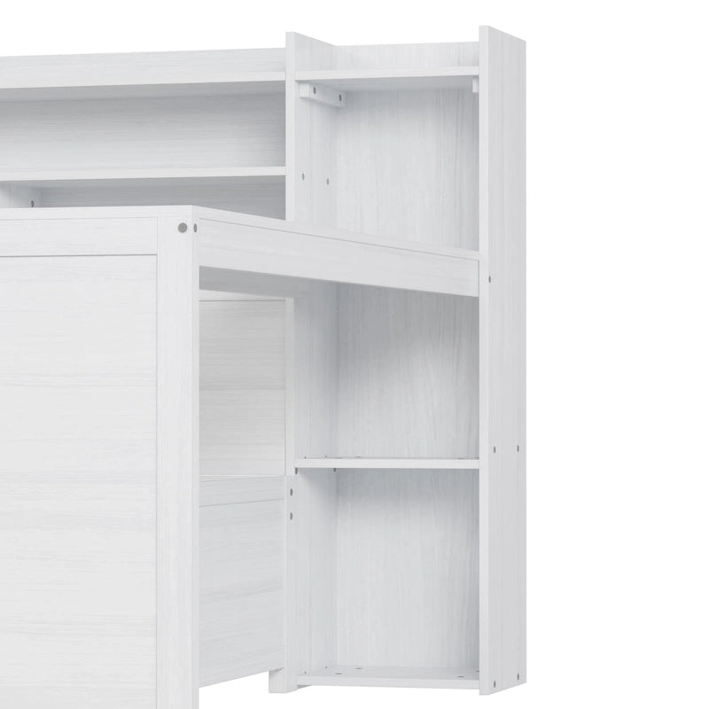 Lit de repos pleine grandeur avec étagères de rangement, deux tiroirs et bureau, blanc antique