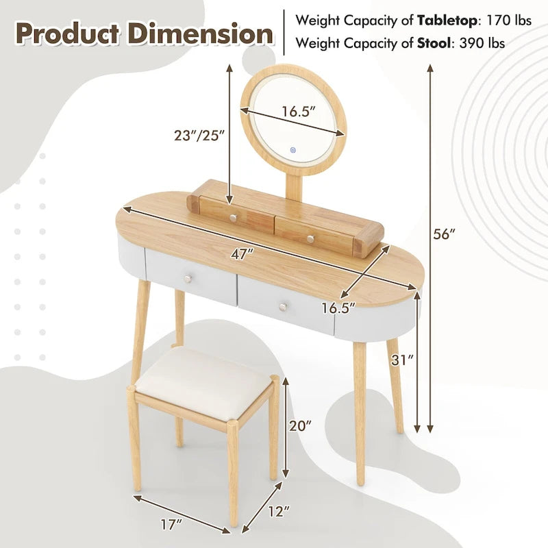 Coiffeuse en bois massif avec miroir LED intégré