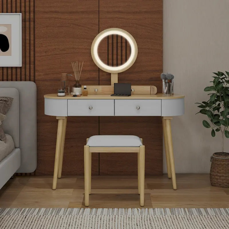 Coiffeuse en bois massif avec miroir LED intégré