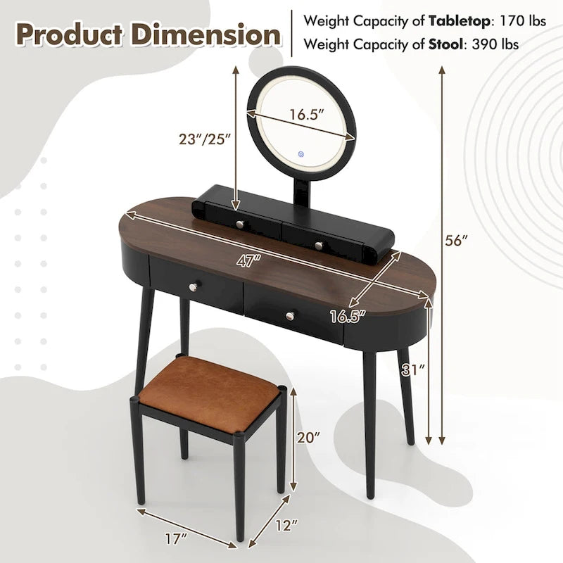 Coiffeuse en bois massif avec miroir LED intégré