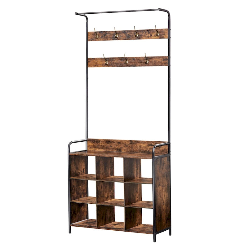 Portemanteau d'entrée en bois marron antique avec range-chaussures et 7 patères