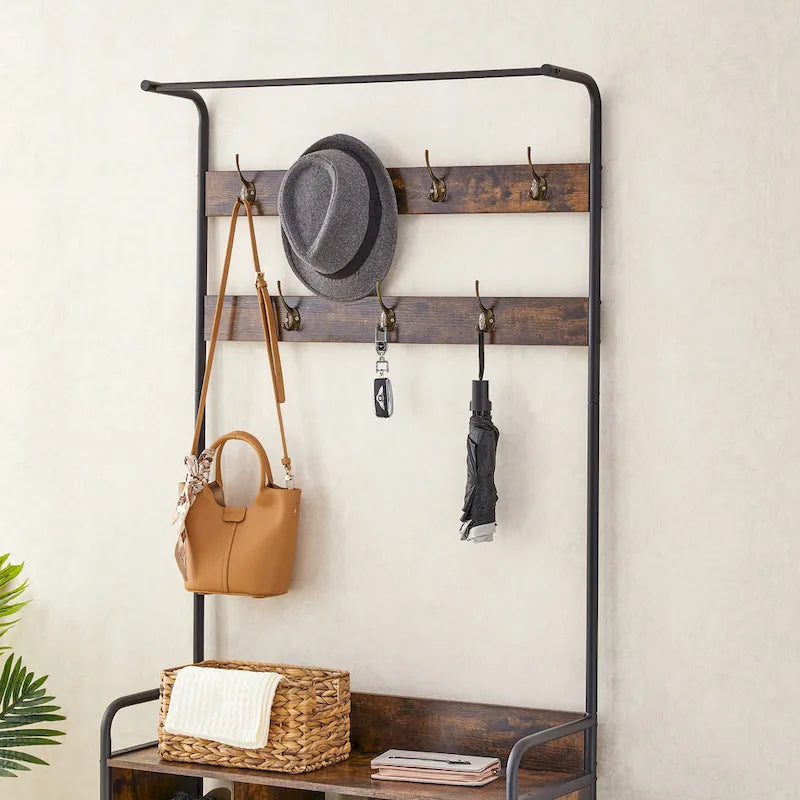 Portemanteau d'entrée en bois marron antique avec range-chaussures et 7 patères