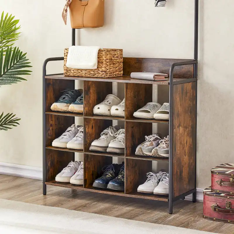 Portemanteau d'entrée en bois marron antique avec range-chaussures et 7 patères