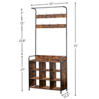 Portemanteau d'entrée en bois marron antique avec range-chaussures et 7 patères