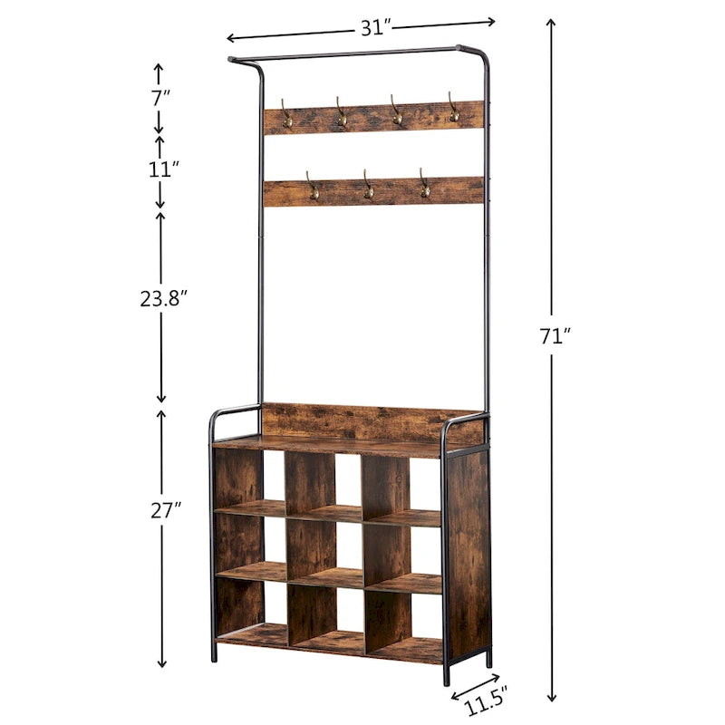 Portemanteau d'entrée en bois marron antique avec range-chaussures et 7 patères