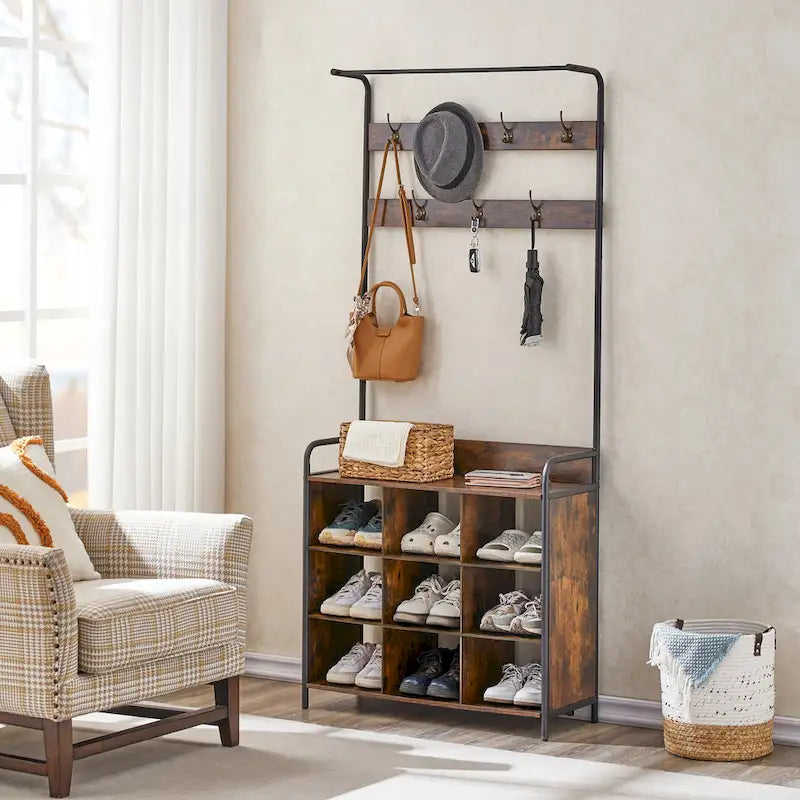 Portemanteau d'entrée en bois marron antique avec range-chaussures et 7 patères