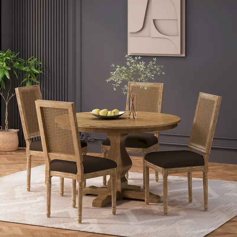Table et chaises de salle à manger circulaires 5 pièces rembourrées en bois et rotin