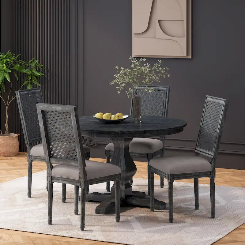Table et chaises de salle à manger circulaires 5 pièces rembourrées en bois et rotin
