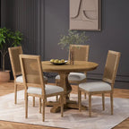 Table et chaises de salle à manger circulaires 5 pièces rembourrées en bois et rotin