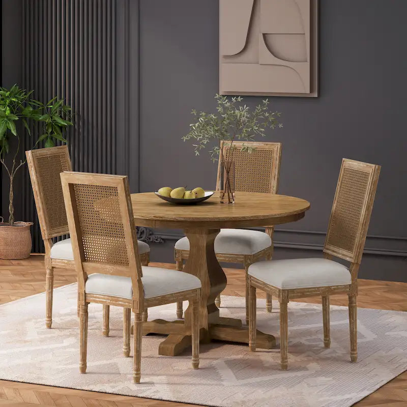 Table et chaises de salle à manger circulaires 5 pièces rembourrées en bois et rotin