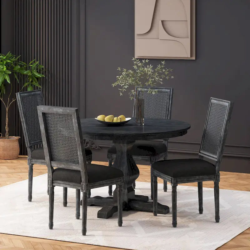 Table et chaises de salle à manger circulaires 5 pièces rembourrées en bois et rotin