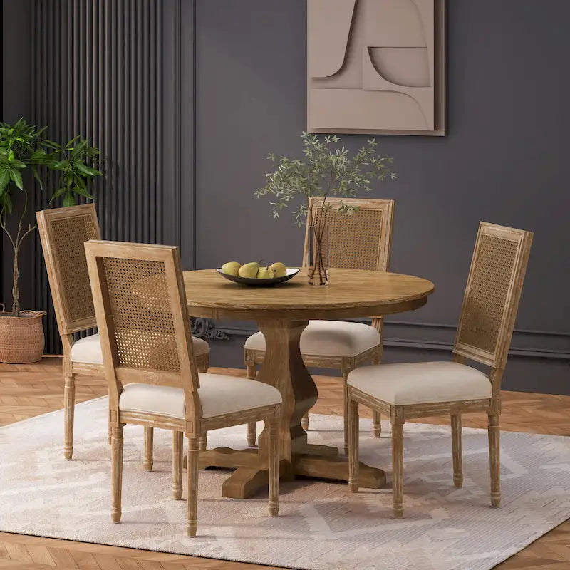 Table et chaises de salle à manger circulaires 5 pièces rembourrées en bois et rotin