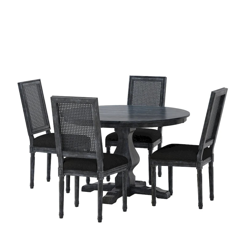 Table et chaises de salle à manger circulaires 5 pièces rembourrées en bois et rotin