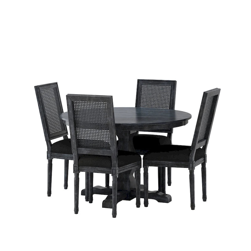 Table et chaises de salle à manger circulaires 5 pièces rembourrées en bois et rotin