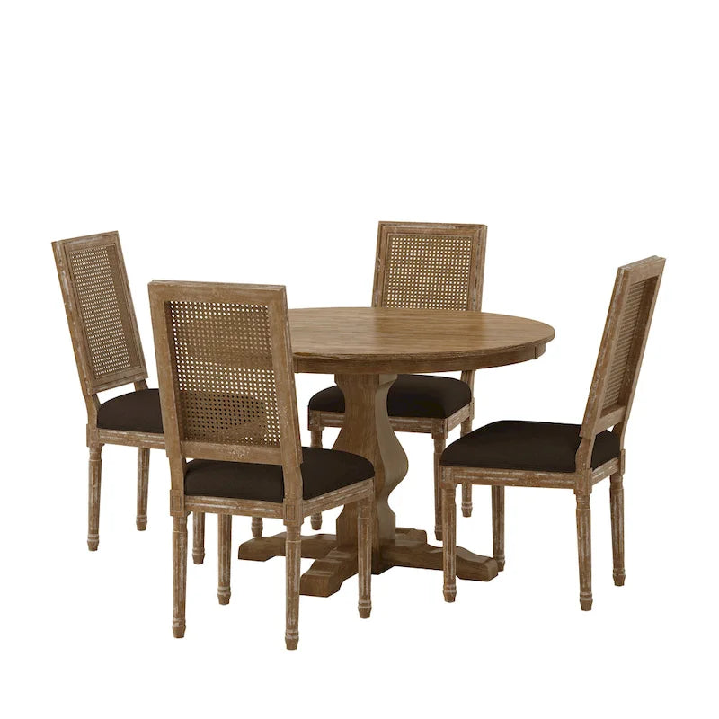 Table et chaises de salle à manger circulaires 5 pièces rembourrées en bois et rotin