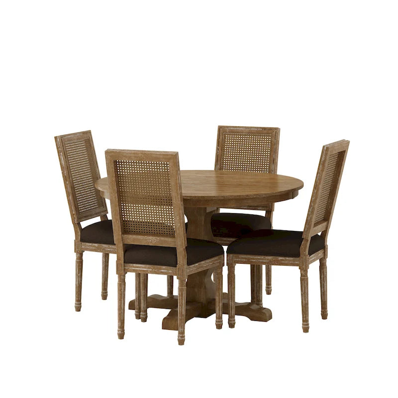 Table et chaises de salle à manger circulaires 5 pièces rembourrées en bois et rotin