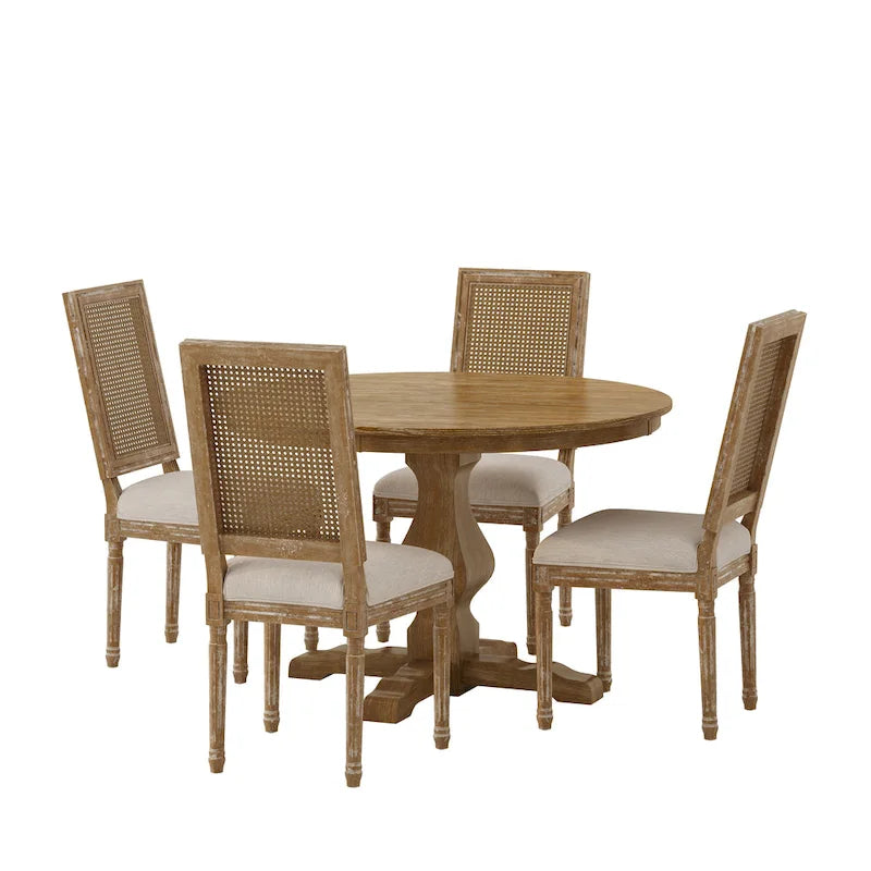 Table et chaises de salle à manger circulaires 5 pièces rembourrées en bois et rotin