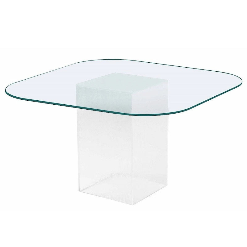 Table de salle à manger avec plateau en verre transparent et pieds en forme de planche de surf