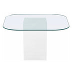 Table de salle à manger avec plateau en verre transparent et pieds en forme de planche de surf