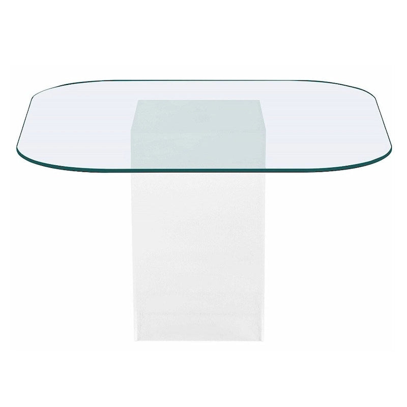Table de salle à manger avec plateau en verre transparent et pieds en forme de planche de surf