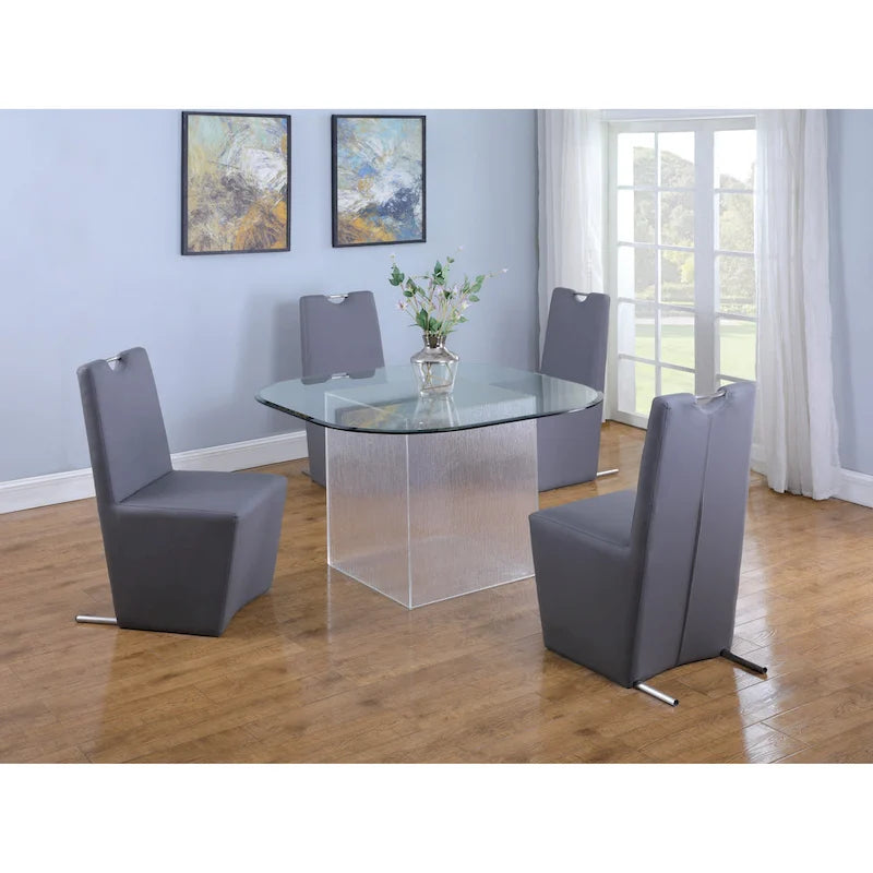 Table de salle à manger avec plateau en verre transparent et pieds en forme de planche de surf