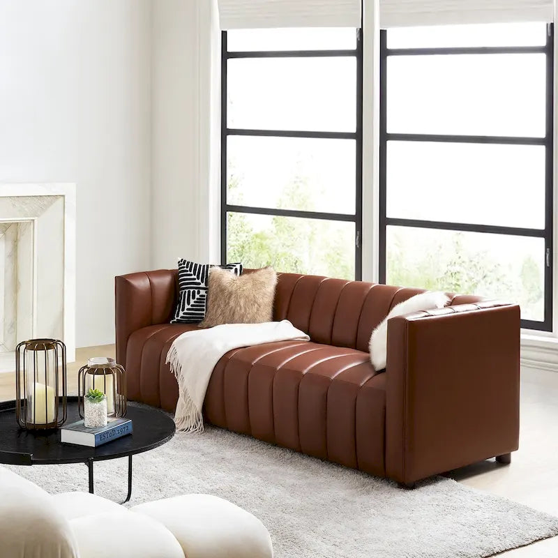 Canapé incurvé en cuir véritable Modern Camel de 83 pouces avec dossier capitonné