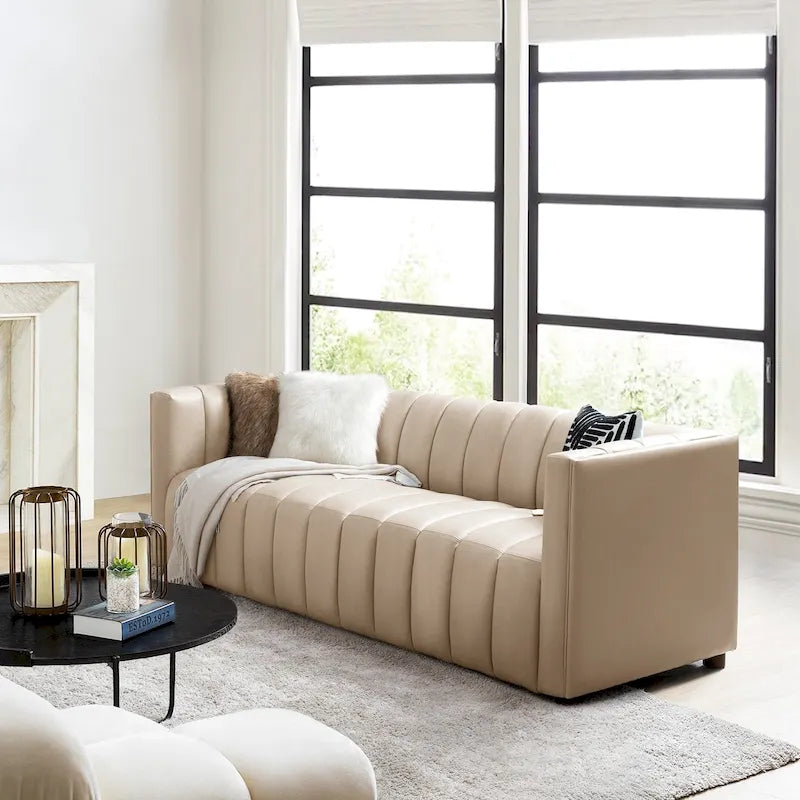 Canapé incurvé en cuir véritable Modern Camel de 83 pouces avec dossier capitonné