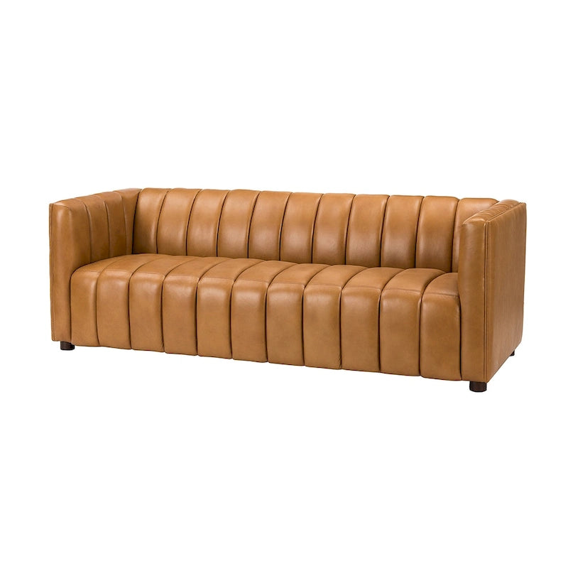 Canapé incurvé en cuir véritable Modern Camel de 83 pouces avec dossier capitonné