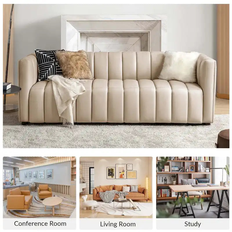 Canapé incurvé en cuir véritable Modern Camel de 83 pouces avec dossier capitonné