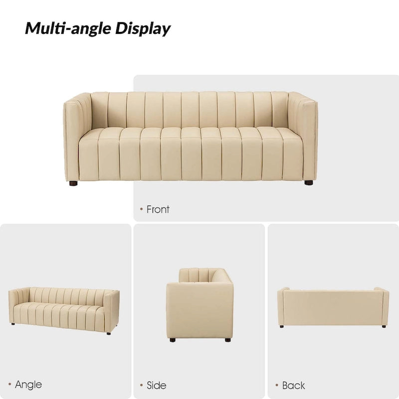 Canapé incurvé en cuir véritable Modern Camel de 83 pouces avec dossier capitonné