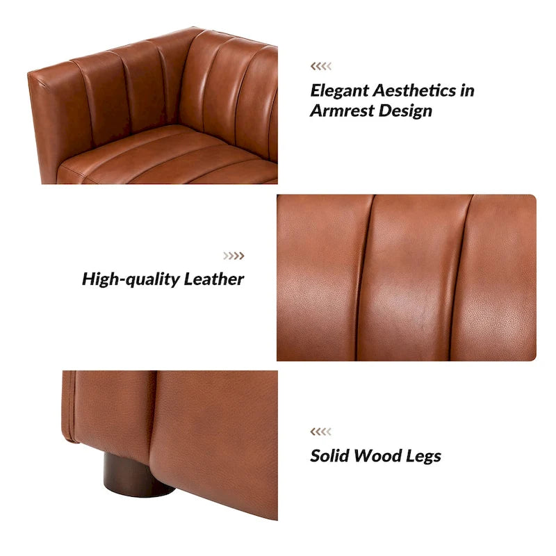 Canapé incurvé en cuir véritable Modern Camel de 83 pouces avec dossier capitonné