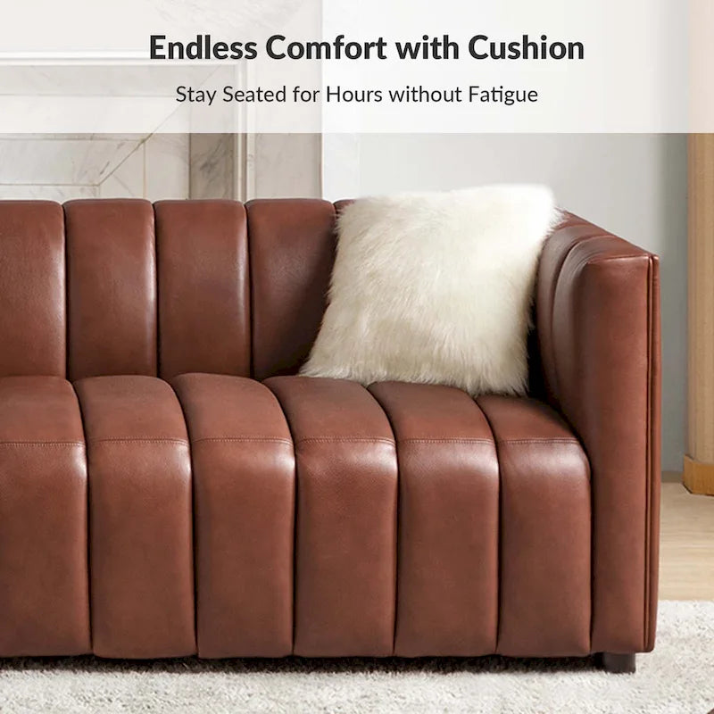 Canapé incurvé en cuir véritable Modern Camel de 83 pouces avec dossier capitonné