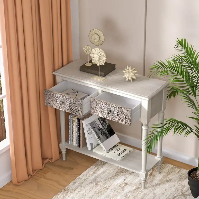 Console vintage en bois massif à 2 tiroirs