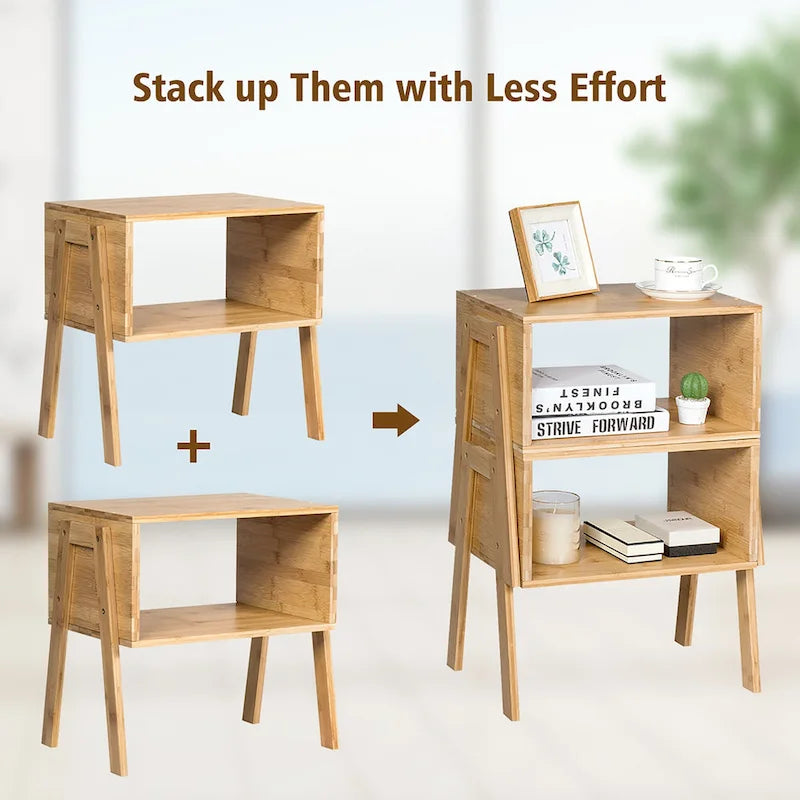 Table de chevet empilable en bambou avec étagère de rangement