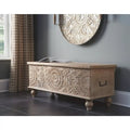 Banc de rangement sculpté médaillon blanc antique