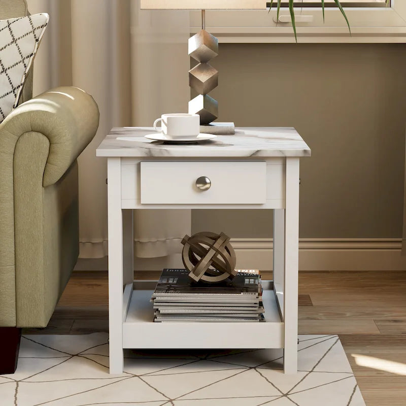 Table basse et table d'appoint en hévéa de style transitoire avec tiroir