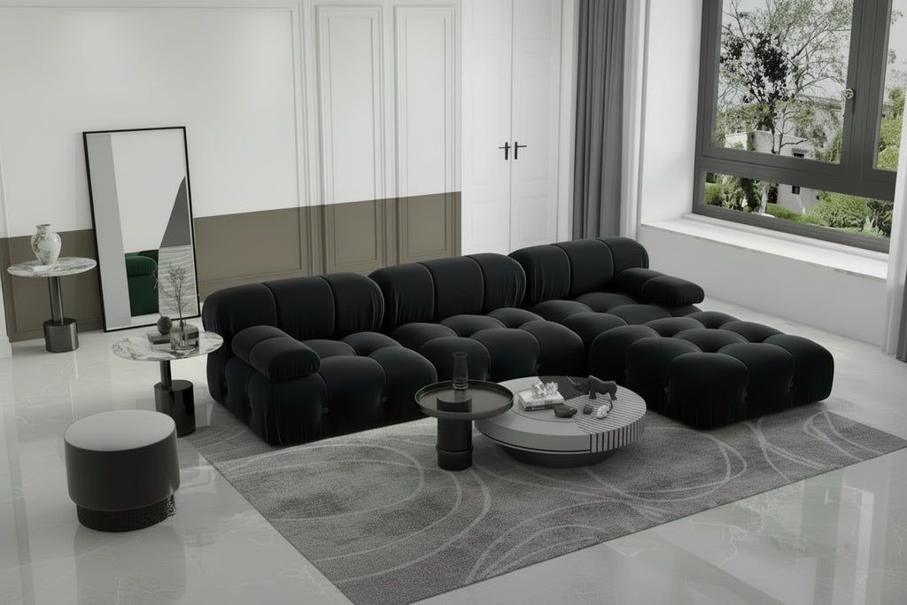 Canapé modulable 5 places en velours – Design capitonné, plusieurs coloris