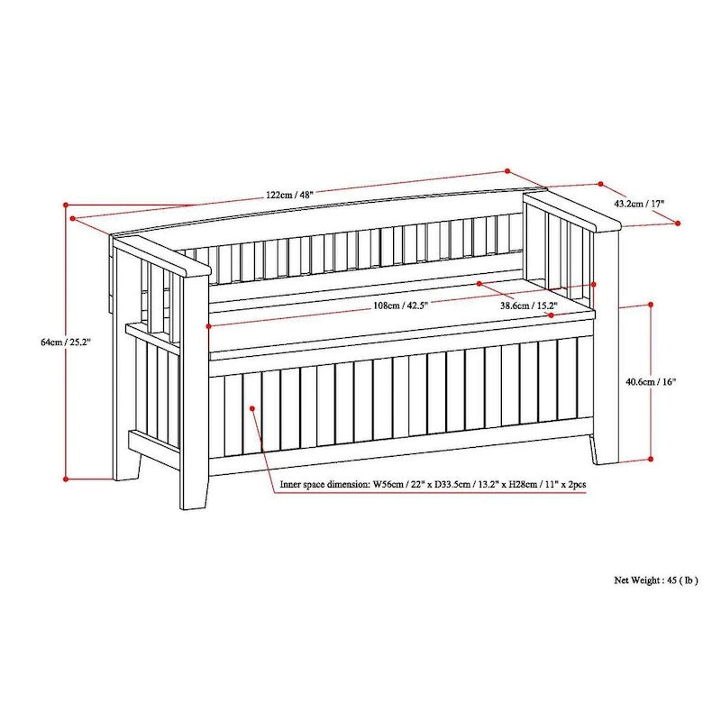 Banc de rangement d'entrée en bois massif de 122 cm